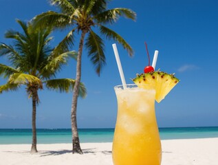 Tropical cocktail on a white sand beach with palm trees