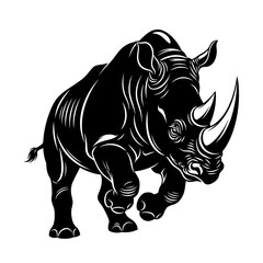 Fototapeta premium Black rhinoceros illustration running forward on white background.