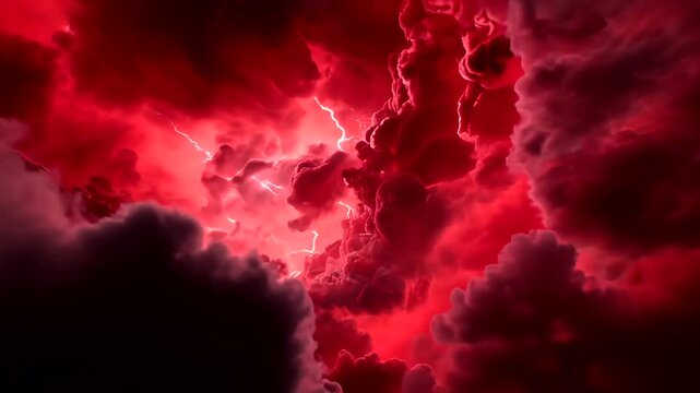 Red storm.
Description Dark red storm clouds are lit by bright white lightning flashes