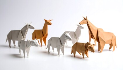 Obraz premium Colored origami animals displayed together in a creative arrangement on a white background