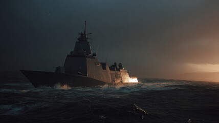 Battleship at Sea Under Dramatic Sky During Dusk With Strong Naval Presence
