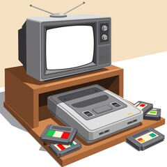 Obraz premium Retro Gaming Setup with Television and Super Nintendo.
