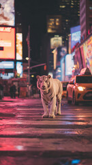 Tiger Walking Through Neon City Street at Night in Surreal Urban Scene
