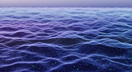 Abstract Digital Ocean Wave Surface with Glowing Network Dots Representing Data Flow and Technology