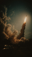 Rocket Launch With Powerful Trail of Smoke and Fire Under Clear Sky
