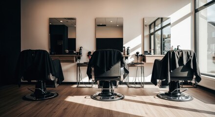 Barber chairs covered with black capes in a sunlit salon with mirrors and wooden floor