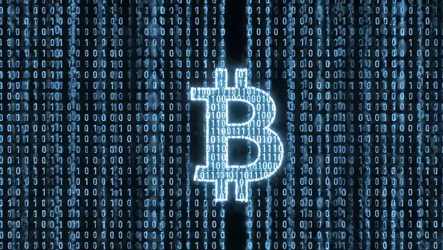 Digital cryptocurrency concept with a luminous Bitcoin logo on a binary code background