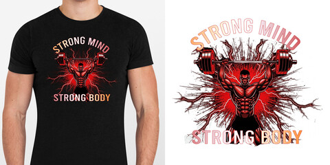 Dynamic Fitness T-Shirt Design with Muscular Man Lifting Weights and Lightning Effects — Strong...