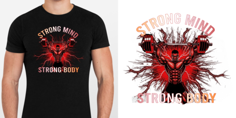 Dynamic Fitness T-Shirt Design with Muscular Man Lifting Weights and Lightning Effects — Strong Mind Strong Body Motivational Gym Artwork in Red and Black