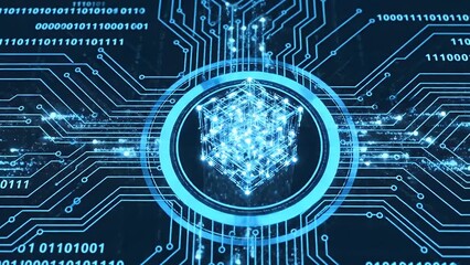 A glowing data cube represents AI and blockchain concepts on a futuristic digital circuit board - Powered by Adobe