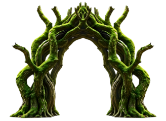 Enchanted forest archway made of twisted vines and moss isolated on transparent background