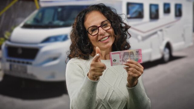 Woman smiling holding indonesian rupiah banknotes with glasses pointing outdoors on street near vehicle in urban setting during daytime.
