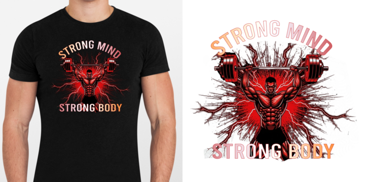 Dynamic Fitness T-Shirt Design with Muscular Man Lifting Weights and Lightning Effects — Strong Mind Strong Body Motivational Gym Artwork in Red and Black