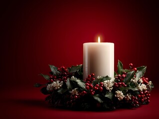 Decorative candle surrounded by festive wreath on a rich red background