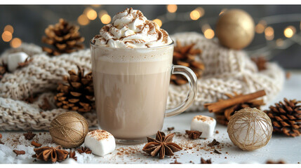 Hot latte with whipped cream and festive decorations