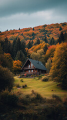 Cozy Cabin Nestled in Autumn Forest Hillside