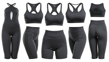 Elevate your active lifestyle with this sleek, modern black athletic apparel set featuring a stylish jumpsuit, supportive sports bras, and comfortable shorts for ultimate performance and fashion.