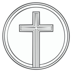 Fototapeta premium Elegant Christian Cross Encased in a Round Frame Simple Monochrome Line Art Design