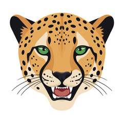 A striking African cheetah face portrait rendered in a modern flat 2D vector illustration style, perfectly isolated against a clean white background.