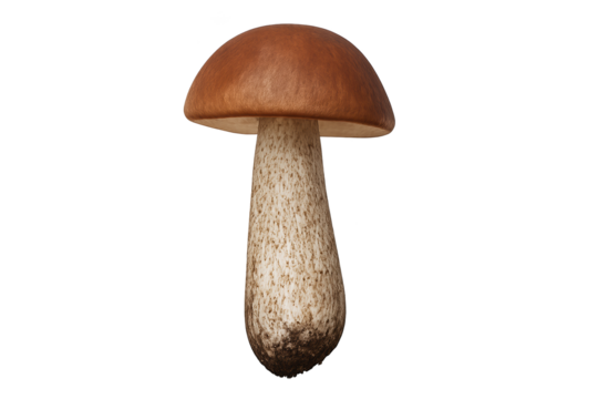 Single brown-capped mushroom with speckled white stem, isolated on transparent background