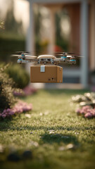 Delivery Drone Flying with Parcel in Suburban Residential Neighborhood
