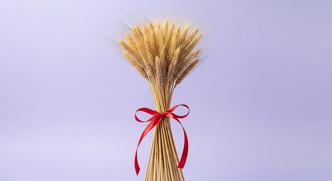 Sheaf of wheat tied with a red ribbon against a light purple background creating a rustic aesthetic