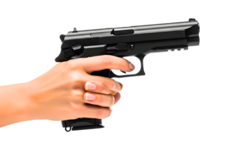 Hand holding a black pistol gun isolated on transparent background