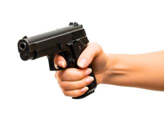 Hand holding a black pistol gun isolated on transparent background