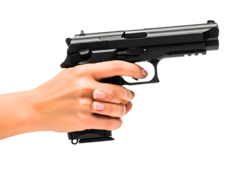 Hand holding a black pistol gun isolated on transparent background