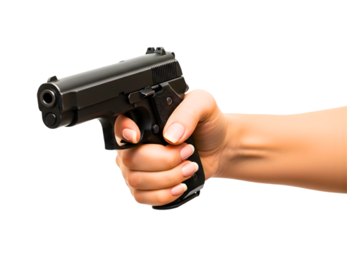Hand holding a black pistol gun isolated on transparent background