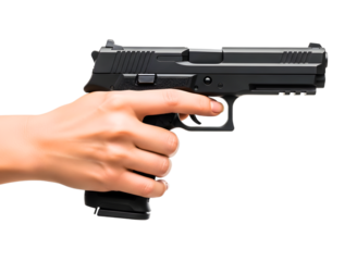 Hand holding a black pistol gun isolated on transparent background