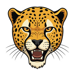 A menacing cheetah face, rendered in a striking 2D flat vector illustration style, displays a powerful and fierce, aggressive expression isolated on a clean white background.
