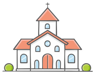 Fototapeta premium Drawing of Church with Cross on Top and Green Bushes at the Front