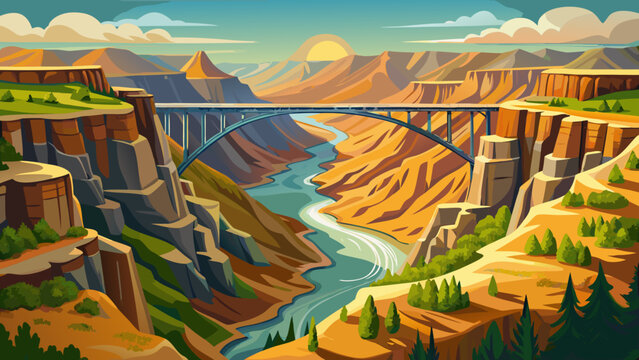 Very beautiful aerial view of Perrine Bridge in Twin Falls, Idaho, USA, spanning the deep Snake River Canyon with cars driving across, surrounded by rugged cliffs and natural scenery.