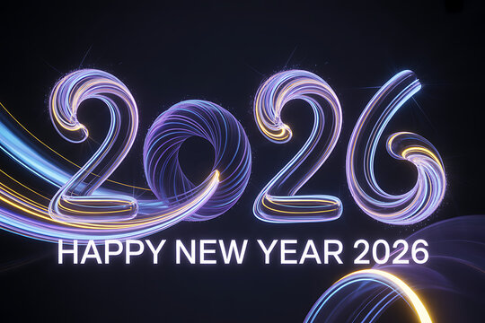 Celebrate the vibrant arrival of 2026 with stunning neon light trails and glowing text, perfect for dynamic New Year's promotions and festive greetings.