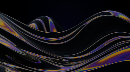 Abstract dark wavy background with iridescent reflections, creating a mesmerizing and futuristic design on black
