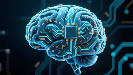 Visualization showing the human brain integrated with digital circuits and microprocessors