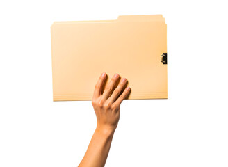 Hand holding a manila file folder isolated on transparent background