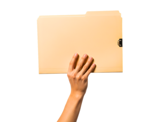 Hand holding a manila file folder isolated on transparent background