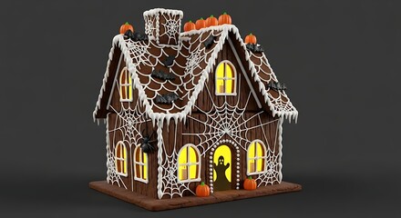 Spooky gingerbread house decorated with bats pumpkins and spiderwebs for a festive halloween treat