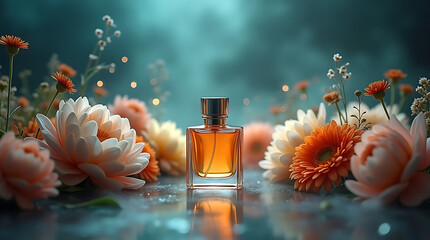 Elegant Perfume in Glass Bottle Amidst Colorful Floral Arrangement – Luxury Skincare & Beauty Ad