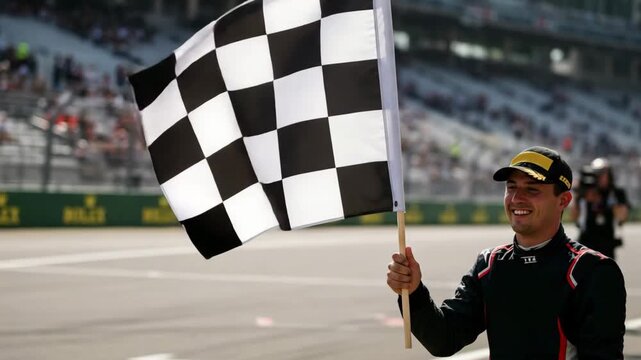 Racer holding checkered flag while celebrating at motor racing event  