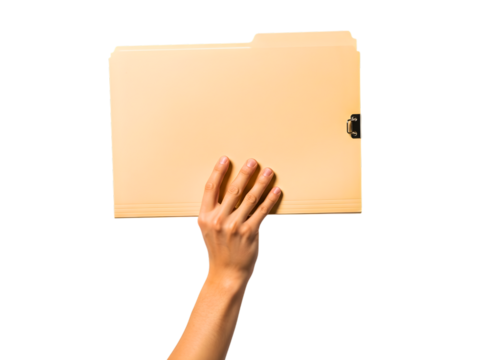 Hand holding a manila file folder isolated on transparent background