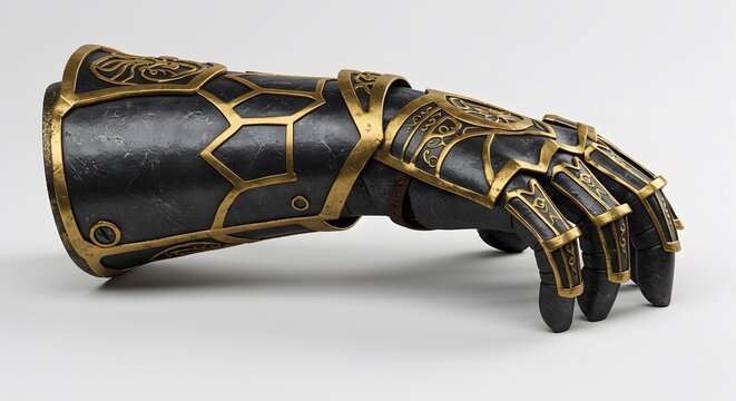 Black and gold armored gauntlet with intricate designs, shown against a white background