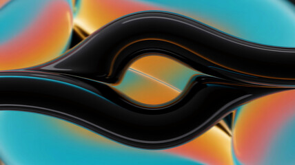 An abstract 3d rendering featuring intertwined glossy black tubes with vibrant orange and blue gradient spheres