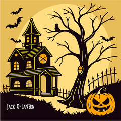 spooky halloween night background with pumpkins and haunted house