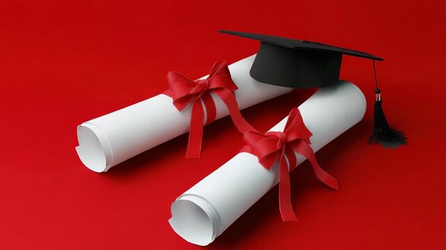 Academic achievement celebration with graduates' caps and diplomas on red background