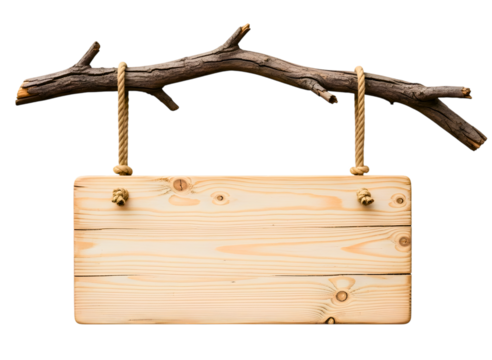 Rustic wooden sign hanging from a tree branch isolated on transparent background