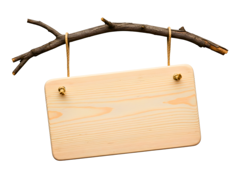 Rustic wooden sign hanging from a tree branch isolated on transparent background - Powered by Adobe