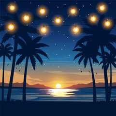 Tropical night beach with glowing string lights, palm trees and sunset. Relaxing summer evening vector illustration for travel, vacation, or resort themes
